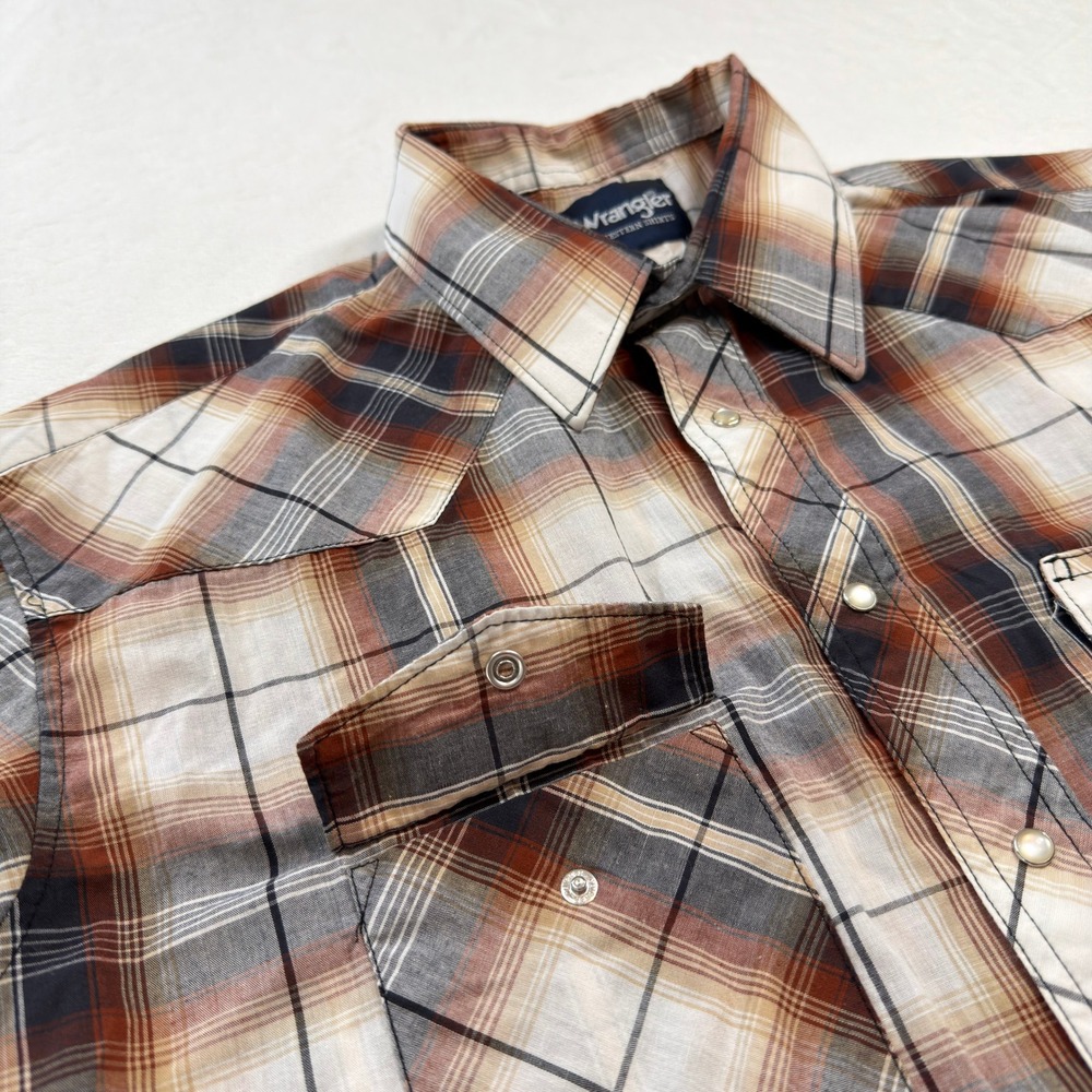 Wrangler Western Shirt Mens 17.5 XL Brown Plaid Good Pearl Snap Short Sleeve - Picture 5 of 9